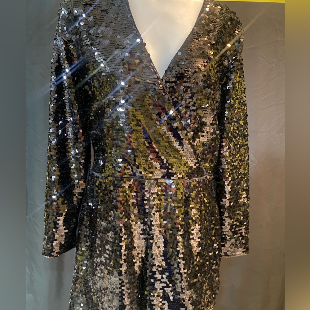 H&M Gold and Silver Sequin Wrap Dress 3/4 Sleeve V-Neck